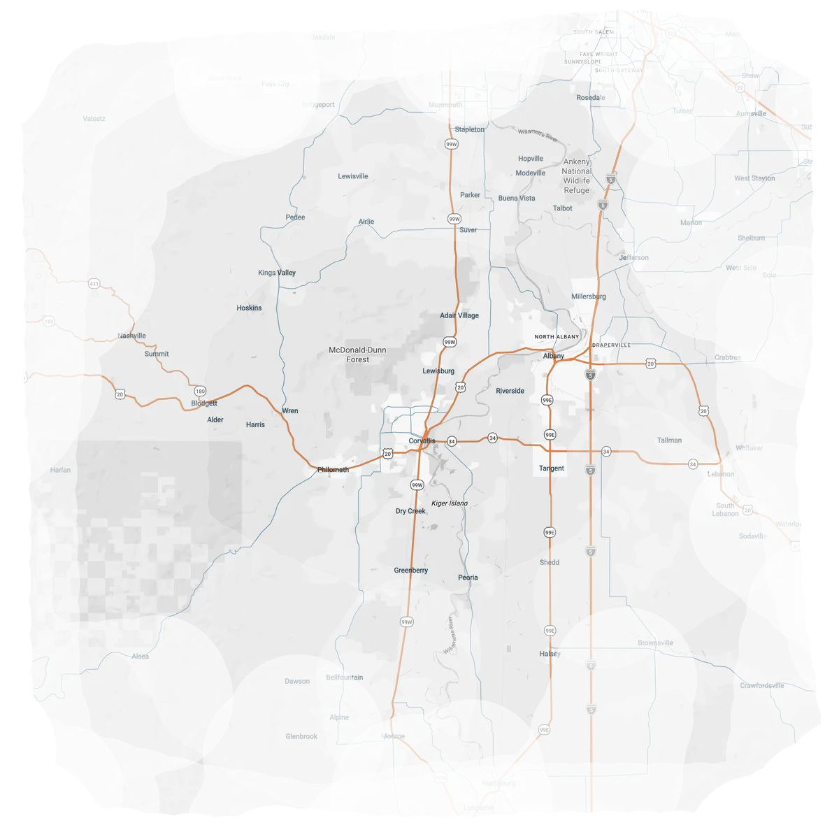 Map of the mid-Willamette Valley: Corvallis, Albany, Philomath, Lebanon, Monmouth, Independence and Tangent